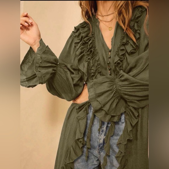 Olive green ruffle longline top - Picture 4 of 4